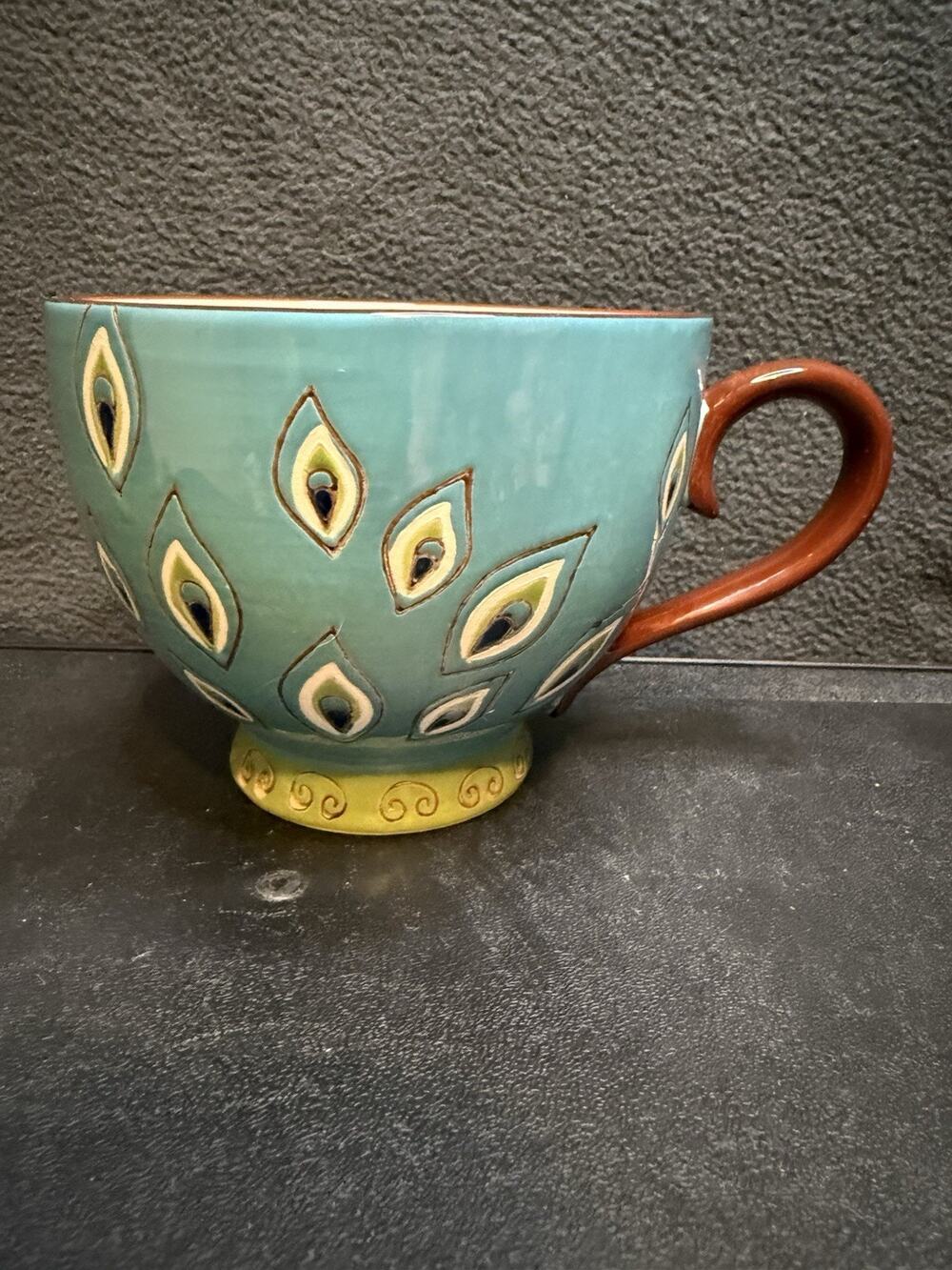 Pier 1 Imports Dolomite Peacock Hand Painted Footed Coffee Mug Tea Cup 3.5” Tall